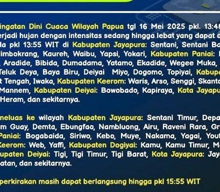 BMKG Ingatkan Warga: Hujan Deras dan Angin Kencang Mengancam Timika sampai Jayapura Hari Ini